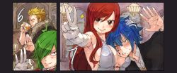 Rule 34 | 1girl, 3boys, blonde hair, blue hair, blush, breasts, brown eyes, dress, drinking, elbow gloves, erza scarlet, facial mark, fairy tail, freed justine, gloves, green eyes, green hair, hair over one eye, indoors, jellal fernandes, large breasts, laxus dreyar, long hair, looking at viewer, multiple boys, red hair, rusky, smile, tagme, upper body, v