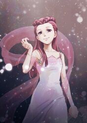 Rule 34 | 1girl, ace attorney, bare shoulders, braid, closed mouth, commentary request, dahlia hawthorne, dress, hagoromo, holding, holding jewelry, holding necklace, holding shawl, jewelry, long hair, looking at viewer, necklace, pink sash, pink shawl, red eyes, red hair, sash, see-through, see-through shawl, shawl, sleeveless, sleeveless dress, smile, solo, taba (tb gya), white dress