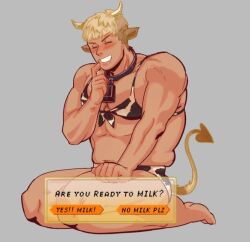 Rule 34 | 1boy, animal ears, animal print, bell, bikini, blonde hair, blush, closed eyes, collar, commentary, cow ears, cow horns, cow print, cow print bikini, cow tail, cowbell, demon tail, drooling, dungeon meshi, english commentary, english text, finger to face, full body, grey background, grin, horns, jade poon (pooniverse), laios touden, male focus, metal collar, mouth drool, neck bell, print bikini, seiza, short hair, simple background, sitting, smile, swimsuit, tail, very short hair