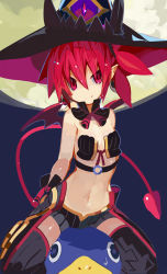 Rule 34 | 1girl, 1other, alternate costume, commentary request, demon girl, demon tail, demon wings, detached collar, disgaea, etna (disgaea), fang, flat chest, full moon, gloves, hair between eyes, hat, living clothes, looking at viewer, makai senki disgaea, metallica (majo to hyakkihei), mini wings, miyakawa106, moon, navel, pointy ears, prinny, red eyes, red hair, red tail, shorts, sitting, sitting on person, smile, stomach, sweatdrop, tail, thighhighs, wings, witch hat