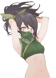 Rule 34 | 1girl, akali, armpits, arms behind head, arms up, bare arms, black hair, covered mouth, crop top, green ribbon, hair ribbon, ica (1111ica), league of legends, long hair, looking at viewer, navel, red eyes, ribbon, simple background, solo, stomach, upper body, white background