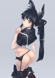 Rule 34 | 1girl, animal ears, aro (charged time out), ass, bad id, bad pixiv id, black hair, clothes pull, finger to mouth, garter belt, garter straps, goth fashion, hair ribbon, kneeling, long hair, looking back, no panties, original, photo-referenced, ribbon, simple background, skirt, skirt pull, solo, striped clothes, striped thighhighs, thighhighs, twintails, yellow eyes