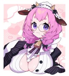 Rule 34 | 1girl, 48okku, :3, animal ears, artist name, braid, breasts, cleavage, cow ears, cow horns, cropped torso, double-parted bangs, heart, highres, horns, indie virtual youtuber, large breasts, looking at viewer, maroyaka milk, medium breasts, mole, mole under eye, open clothes, open shirt, pink background, pink hair, purple eyes, round eyewear, short eyebrows, solo, thick eyebrows, twin braids, unbuttoned, virtual youtuber