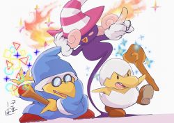 Rule 34 | 1girl, 2boys, blue robe, boots, brown footwear, claws, colored skin, curly hair, egg, fang, fire, ghost, ghost tail, glasses, gloves, hand on headwear, hat, hidden eyes, holding, holding wand, jr. troopa, kamek, koopa, leg up, long sleeves, magic, magikoopa, mario (series), multiple boys, nintendo, open mouth, outstretched arm, paper mario, paper mario: sticker star, paper mario: the thousand year door, paper mario 64, pink hair, pointing, purple skin, red footwear, robe, round eyewear, simple background, smile, striped clothes, striped headwear, teeth, triangle mouth, upper teeth only, vivian (paper mario), wand, white background, white gloves, witch hat, wizard hat