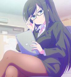 Rule 34 | 1girl, black hair, blue eyes, business suit, crossed legs, formal, glasses, heart (symbol), highres, long hair, looking at viewer, sitting, solo, stitched, suit, sunoharasou no kanrinin-san, third-party edit, yamanashi sumire