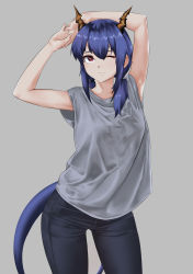 Rule 34 | 1girl, absurdres, arknights, arms up, bare arms, black pants, blouse, blue hair, casperrin, ch&#039;en (arknights), commentary, cowboy shot, denim, dragon horns, dragon tail, grey background, grey shirt, hair between eyes, highres, horns, jeans, long hair, low twintails, one eye closed, pants, red eyes, shirt, simple background, solo, standing, tail, thighs, twintails