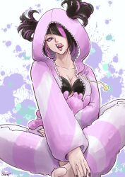 Rule 34 | 1girl, barefoot, black bra, black hair, bra, breasts, cleavage, hair over one eye, han juri, head tilt, highres, hood, hood up, medium breasts, multicolored hair, official alternate costume, official alternate hairstyle, pajamas, pink hair, pink pajamas, risatwun, sitting, solo, streaked hair, street fighter, street fighter 6, stuffed animal, stuffed spider, stuffed toy, tongue, tongue out, twintails, underwear, unzipped