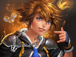 Rule 34 | 1boy, blue eyes, brown hair, bubble, chain necklace, chain, child, crown, fingerless gloves, gloves, jewelry, kingdom hearts, looking at viewer, male focus, necklace, sakimichan, shoulder pads, smile, solo, sora (kingdom hearts), water drop, watermark