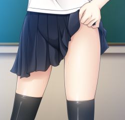 Rule 34 | 1girl, black thighhighs, blue skirt, chalkboard, classroom, clothes lift, crotch, female focus, gluteal fold, indoors, lifted by self, miniskirt, original, pleated skirt, school uniform, serika p, shiny clothes, shiny skin, shirt, skindentation, skirt, skirt lift, solo, standing, straight-on, sweat, thighhighs, thighs, white shirt