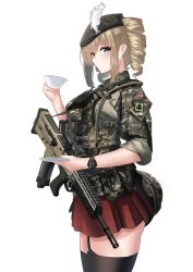 Rule 34 | 1girl, absurdres, ammunition belt, ammunition pouch, assault rifle, beret, black thighhighs, blonde hair, blue eyes, breasts, bullpup, camouflage, camouflage jacket, closed mouth, cup, drill hair, drill sidelocks, feet out of frame, from side, garter straps, gun, hat, hat feather, helmet, highres, holding, holding cup, holding gun, holding saucer, holding weapon, jacket, l85, light blush, long hair, looking at viewer, military, military uniform, mole, mole under eye, original, pouch, red skirt, rifle, rynn (rynn cube), saucer, sidelocks, skirt, sleeves rolled up, smile, solo, standing, tactical clothes, teacup, thighhighs, thighs, uniform, union jack, united kingdom, walkie-talkie, weapon, white background, window magazine