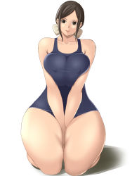 Rule 34 | bare shoulders, bow, breasts, breasts squeezed together, brown eyes, brown hair, covered erect nipples, curvy, hair bow, highres, hip focus, huge breasts, kneeling, mole, monmonism, one-piece swimsuit, original, school swimsuit, short hair, simple background, smile, solo, swimsuit, thick thighs, thighs, wide hips