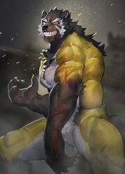 Rule 34 | 1boy, absurdres, bara, battle, blood, blood on face, chest tuft, commission, feet out of frame, furry, furry male, grin, hand up, highres, injury, large hands, large pectorals, legs apart, male focus, mature male, muscular, muscular male, mutton chops, neumo, open hand, original, pectorals, short hair, skeb commission, smile, solo, standing, thick eyebrows, thick thighs, thighs, two-tone fur