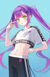 Rule 34 | 1girl, absurdres, black pants, blue background, breasts, character name, copyright name, cropped shirt, ear piercing, fyuu-ka, green eyes, hair ornament, hairpin, highres, hololive, hololive dance practice uniform, long hair, looking at viewer, multicolored hair, multicolored nails, nail polish, navel piercing, official alternate costume, open mouth, pants, piercing, pink hair, pink nails, purple hair, shirt, small breasts, streaked hair, tokoyami towa, twintails, virtual youtuber, white shirt, yellow nails