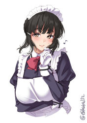 Rule 34 | 1girl, alternate breast size, alternate costume, apron, black dress, blush, braid, braided bun, breast hold, breasts, brown eyes, brown hair, collared shirt, cowboy shot, cropped torso, dress, ebifurya, enmaided, frilled apron, frills, hair between eyes, hair bun, hair ornament, hairclip, highres, kantai collection, large breasts, lifted by self, lips, long hair, long sleeves, maid, maid apron, maid headdress, music, myoukou (kancolle), neck ribbon, one-hour drawing challenge, puffy long sleeves, puffy sleeves, red ribbon, ribbon, shirt, simple background, singing, single hair bun, smile, solo, twitter username, white apron, white background