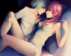 Rule 34 | 10s, 1boy, 1girl, bed, blue eyes, blue hair, couple, eye contact, final fantasy, final fantasy xiii, hetero, hope estheim, itori (clarice note), lightning farron, long hair, looking at another, lying, pink hair, short hair