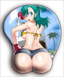 Rule 34 | 1girl, artist request, ass, ass mousepad, backboob, bare shoulders, belt, bikini, bikini top only, blue hair, blush, breasts, bulma, curvy, denim, denim shorts, dragon ball, female focus, gloves, green hair, hair bobbles, hair ornament, hand on own hip, highres, huge ass, long hair, looking at viewer, looking back, madkaiser, mousepad, mousepad (medium), one side up, outdoors, palm tree, partially visible vulva, red gloves, revealing clothes, shiny skin, short shorts, shorts, skin tight, sky, solo, sweat, swimsuit, tree, underboob, yellow bikini