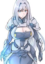 Rule 34 | 1girl, armor, black gloves, black pants, black shirt, blue eyes, breasts, cleavage, cleavage cutout, closed mouth, clothing cutout, elbow gloves, ethel (xenoblade), gloves, grey hair, hair between eyes, hair intakes, highres, large breasts, long hair, looking at viewer, pants, pauldrons, shirt, shoulder armor, simple background, solo, ug333333, v-shaped eyebrows, very long hair, white background, xenoblade chronicles (series), xenoblade chronicles 3