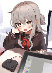 Rule 34 | 1girl, absurdres, blurry, blurry foreground, blush, braid, brown eyes, brown sailor collar, brown serafuku, brown shirt, depth of field, drawing tablet, fang, grey hair, hand up, highres, long sleeves, looking at viewer, neckerchief, noi mine, original, red neckerchief, sailor collar, school uniform, serafuku, shirt, skin fang, smile, smug, solo, tablet pc