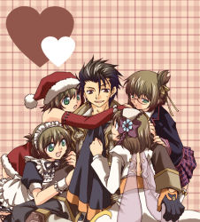 Rule 34 | 4girls, alternate costume, alvin (tales), brown hair, christmas, coat, glasses, green eyes, hair ornament, hat, heart, leia rolando, maid, multiple girls, open mouth, santa hat, scarf, tales of (series), tales of xillia