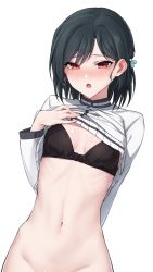 Rule 34 | 1girl, :o, absurdres, aqua ribbon, arm behind back, black bra, black hair, blush, bottomless, bra, breasts, clothes lift, commentary request, ear blush, fang, groin, hair behind ear, hair between eyes, hair ribbon, hand on own chest, hand up, highres, jacket, jacket lift, lifting own clothes, long sleeves, looking at viewer, love live!, love live! nijigasaki high school idol club, mifune shioriko, nasuno (nasuno42), navel, nipples, nose blush, out-of-frame censoring, parted lips, raised eyebrows, red eyes, ribbon, ribs, short hair, simple background, skin fang, small breasts, solo, standing, stomach, underwear, upper body, white background, white jacket