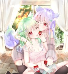 Rule 34 | 2girls, absurdres, animal ears, bad id, bad pixiv id, barefoot, black legwear, blush, bracelet, breasts, camisole, cleavage, fang, food, fox ears, fruit, garter straps, green hair, highres, jewelry, long hair, looking at another, medium breasts, multiple girls, multiple tails, off-shoulder sweater, off shoulder, one eye closed, open mouth, original, purple hair, red eyes, sakura mochiko, shorts, siblings, sisters, strap slip, strawberry, sweater, tail, thighhighs, yuri
