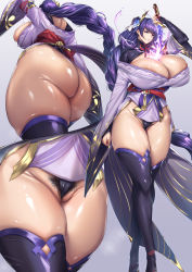 Rule 34 | 1girl, absurdres, alternate breast size, areola slip, ass, braid, breasts, bridal gauntlets, cleavage, close-up, curvy, electricity, feet out of frame, flower, from behind, from below, genshin impact, gigantic breasts, hair flower, hair ornament, highres, holding, holding sword, holding weapon, huge ass, huge breasts, human scabbard, japanese clothes, kimono, long hair, long sleeves, low-braided long hair, low-tied long hair, mole, mole under eye, musou isshin (genshin impact), obi, okobo, panties, projected inset, pubic hair, pubic hair peek, purple eyes, purple flower, purple hair, purple kimono, raiden shogun, sandals, sash, solo, standing, sword, sword between breasts, thick thighs, thighhighs, thighs, thirty 8ght, underwear, very long hair, weapon, wide hips