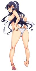 Rule 34 | 10s, 1girl, ass, barefoot, black hair, blue eyes, breasts, butt crack, from behind, glasses, hairband, hisakawa chin, kantai collection, kneepits, long hair, looking back, nipples, ooyodo (kancolle), panties, panty pull, solo, topless, underwear, white panties