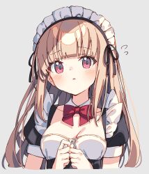 Rule 34 | 1girl, absurdres, black dress, black ribbon, blush, bow, bowtie, breasts, brown hair, cleavage, detached collar, dress, grey background, highres, long hair, looking at viewer, maid, maid headdress, medium breasts, original, parted lips, puffy short sleeves, puffy sleeves, red bow, red bowtie, red eyes, ribbon, short sleeves, simple background, solo, upper body, zoirun