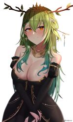 Rule 34 | 1girl, antlers, black gloves, blush, branch, breasts, ceres fauna, cleavage, crown, flower, gloves, green hair, hair flower, hair ornament, highres, hololive, hololive english, horns, jewelry, kotodekun, large breasts, long hair, looking at viewer, mole, mole under eye, multicolored hair, partially fingerless gloves, smile, solo, virtual youtuber, yellow eyes