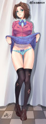 Rule 34 | 1girl, absurdres, artist name, black thighhighs, blazer, blue bow, blue bowtie, blue panties, blue shirt, blue skirt, blush, bow, bow panties, bowtie, breasts, brown footwear, brown hair, cameltoe, closed mouth, clothes lift, curtains, dated, female focus, flashing, gluteal fold, green eyes, hands up, heart, heart-shaped pupils, highres, indoors, jacket, lifting own clothes, lips, long sleeves, looking at viewer, mazaki anzu, medium breasts, navel, panties, plaid, plaid panties, plaid shirt, red jacket, school uniform, shiny skin, shirt, shoes, short hair, signature, skindentation, skirt, skirt lift, solo, standing, symbol-shaped pupils, thigh gap, thighhighs, torn clothes, torn thighhighs, underwear, watermark, weibo watermark, xiaoxi0619, yu-gi-oh!
