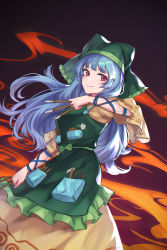 Rule 34 | 1girl, apron, arm ribbon, arm up, between fingers, blue hair, commentary, cowboy shot, dress, dutch angle, fiery background, fire, flower, green apron, green headwear, haniyasushin keiki, highres, holding, hood, light smile, long hair, long sleeves, looking at viewer, purple background, purple eyes, ribbon, shuiwuyue lian, solo, standing, touhou, very long hair, wide sleeves, wood carving tool, yellow dress