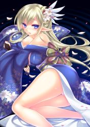 Rule 34 | 1girl, armpit peek, bad id, bad pixiv id, bare shoulders, blonde hair, blue eyes, blue kimono, blush, character request, elf, floral print, flower, hair flower, hair ornament, hlz, japanese clothes, kimono, long hair, long sleeves, looking at viewer, lying, nose blush, obi, off shoulder, on side, panties, pantyshot, parted lips, petals, pointy ears, sash, seikon no el dorado, smile, solo, underwear, white panties, wide sleeves