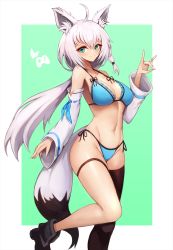 Rule 34 | 1girl, ahoge, animal ear fluff, animal ears, bikini, black footwear, blue bikini, braid, breasts, brown thighhighs, cleavage, closed mouth, collarbone, commentary, detached sleeves, fox ears, fox girl, fox shadow puppet, fox tail, green background, green eyes, groin, hair between eyes, hand up, highres, hololive, hololive gamers, large breasts, long hair, long sleeves, looking at viewer, low ponytail, navel, notte, ribbon-trimmed sleeves, ribbon trim, shiny skin, shirakami fubuki, side-tie bikini bottom, side braid, sidelocks, single braid, single thighhigh, smile, solo, standing, standing on one leg, stomach, string bikini, swimsuit, tail, thigh strap, thighhighs, very long hair, virtual youtuber, white hair