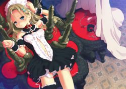 Rule 34 | 1girl, arm garter, armpits, bad id, bad pixiv id, bdsm, blonde hair, blue eyes, blush, bondage, bound, bra, breasts, bridal garter, candle, center opening, chain, collar, copyright request, cuffs, curtains, dildo, dress, embarrassed, frills, from above, frown, hair ornament, hairclip, leash, lingerie, long hair, lying, maid, maid headdress, nagasawa shin, navel, on back, open clothes, panties, panty pull, sex toy, shackles, short dress, side-tie panties, slave, small breasts, solo, stool, sweat, table, underwear, white bra, white panties, wristband