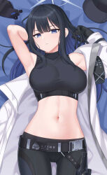 Rule 34 | 1girl, armband, armpits, arms up, bare shoulders, black gloves, black hair, black shirt, blue archive, blue eyes, blue hair, breasts, coat, colored inner hair, commentary, cowboy shot, crop top, gloves, highres, kurisu-kun, large breasts, long hair, long sleeves, midriff, multicolored hair, navel, open clothes, open coat, parted lips, saori (blue archive), shirt, single glove, sleeveless, sleeveless shirt, solo, stomach, white coat