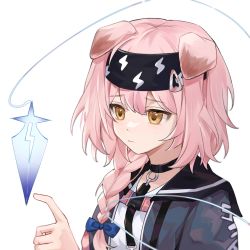 Rule 34 | 1girl, animal ears, arknights, black choker, black hairband, black jacket, blue bow, bow, braid, cat ears, choker, clothes writing, female focus, floppy ears, goldenglow (arknights), hair bow, hairband, jacket, lightning bolt print, long hair, open clothes, open jacket, pink hair, poking, shirt, simple background, solo, upper body, white background, white shirt, xx (m1yee), yellow eyes