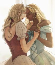 Rule 34 | 2girls, blonde hair, closed eyes, commentary request, dark-skinned female, dark skin, earrings, forehead-to-forehead, hand on another&#039;s shoulder, heads together, holding hands, hoshizora no shita, interlocked fingers, interracial, jewelry, light brown hair, multiple girls, original, parted lips, princess, tiara, upper body, yuri