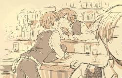 Rule 34 | 3boys, ahoge, arm support, axis powers hetalia, bad id, bad pixiv id, bar (place), blurry, blush, bottle, brothers, closed eyes, cup, depth of field, drinking glass, glass, happy, holding, imminent kiss, itacest, jusc0, leaning, leaning forward, male focus, monochrome, multiple boys, necktie, northern italy (hetalia), open mouth, pants, pov, principality of seborga (hetalia), sepia, short hair, siblings, southern italy (hetalia), stool, swept bangs, tray, uniform, vest, waiter, wine glass, yaoi