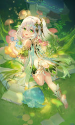 Rule 34 | + +, 1girl, :d, absurdres, atdan, bare shoulders, barefoot, book, dress, elf, feet, feet up, from behind, full body, fungi (genshin impact), genshin impact, gradient hair, grass, green eyes, green hair, hair between eyes, hair ornament, highres, long hair, looking at viewer, looking back, multicolored hair, mushroom, nahida (genshin impact), no shoes, open book, open mouth, pointy ears, revision, short sleeves, side ponytail, smile, socks, soles, solo, stirrup legwear, toeless legwear, toes, white dress, white hair, white socks