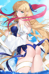 Rule 34 | 1girl, absurdres, ahoge, artoria caster (fate), artoria caster (swimsuit) (fate), artoria caster (swimsuit) (third ascension) (fate), artoria pendragon (fate), ass, back, bare shoulders, blonde hair, blue one-piece swimsuit, blue ribbon, blue sky, blush, bow, breasts, butt crack, detached sleeves, facial mark, fate/grand order, fate (series), forehead mark, gold trim, green eyes, hair bow, highleg, highleg swimsuit, highres, koyo akio, long hair, looking at viewer, looking back, medium breasts, one-piece swimsuit, ribbon, sky, smile, solo, swimsuit, thighs, very long hair, wading, water, white ribbon, white sleeves, wide sleeves