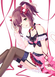Rule 34 | 10s, 1girl, animal ears, bare shoulders, breasts, brown hair, cat ears, cat tail, cleavage, fishnet thighhighs, fishnets, garter straps, green eyes, idolmaster, idolmaster cinderella girls, idolmaster cinderella girls starlight stage, maekawa miku, one eye closed, purin jiisan, ribbon, short hair, solo, tail, thighhighs