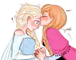 Rule 34 | 2girls, anna (frozen), blonde hair, blush, dashingicecream, elsa (frozen), english text, closed eyes, kissing forehead, frozen (disney), happy, holding hands, incest, kiss, kissing forehead, lowres, multiple girls, simple background, smile, surprised, yuri