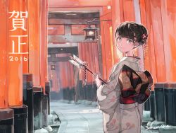Rule 34 | 1girl, arrow (projectile), brown eyes, brown hair, dated, floral print, from behind, grey kimono, hair bun, hair ornament, hamaya, holding, japanese clothes, kimono, looking at viewer, looking back, obi, original, outdoors, paddle, path, road, sash, signature, single hair bun, smile, solo, sonomura, standing, torii