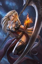 Rule 34 | 1girl, armor, artist name, bikini armor, blonde hair, blurry, blurry background, breasts, chaosringen, cleavage, collarbone, commentary, covered navel, fingerless gloves, fire, foreshortening, gauntlets, gloves, greaves, highres, holding, holding weapon, large breasts, lips, long hair, looking at viewer, magic, moonlight, night, nose, original, parted lips, pauldrons, realistic, red eyes, scythe, signature, single pauldron, solo, thigh strap, tree, very long hair, weapon