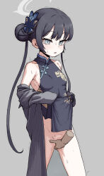 Rule 34 | 1girl, black hair, blue archive, blue eyes, braid, braided bun, breasts, butterfly hair ornament, china dress, chinese clothes, clothes lift, disembodied hand, double bun, dragon print, dress, fingering, grey background, hair bun, hair ornament, halo, highres, kisaki (blue archive), lifting own clothes, mandarin collar, parted lips, pelvic curtain, pelvic curtain lift, poikuru, simple background, sleeveless, sleeveless dress, small breasts, solo focus, sweat, twintails