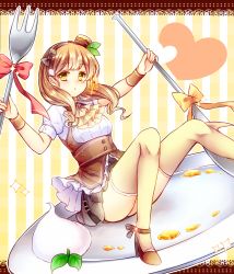 Rule 34 | 1girl, ascot, blonde hair, bow, brown skirt, corset, expressionless, food, fork, frills, full body, hair bow, hairband, hat, highres, kanataww, knife, layered skirt, miniskirt, morinaga &amp; company, morinaga (brand), original, pancake, personification, plate, see-through, see-through legwear, shoes, short hair, sitting, skirt, solo, striped, striped background, thighhighs, underbust, whipped cream, yellow bow, yellow eyes