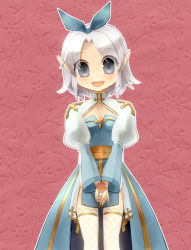 Rule 34 | 1girl, :d, arch bishop (ragnarok online), aura (a440), blue dress, blue eyes, blue ribbon, blush, breasts, cleavage cutout, clothing cutout, commentary request, dress, eyes visible through hair, feet out of frame, fishnet thighhighs, fishnets, flower, hair ribbon, holding, holding flower, looking at viewer, open mouth, own hands together, pink background, pink flower, pointy ears, ragnarok online, ribbon, short hair, small breasts, smile, solo, thighhighs, two-tone dress, white dress, white hair, white thighhighs