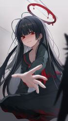 Rule 34 | 1girl, absurdres, black hair, black shirt, blue archive, danha, highres, long hair, long sleeves, looking at viewer, red eyes, shirt, smile, solo, tsurugi (blue archive), wings