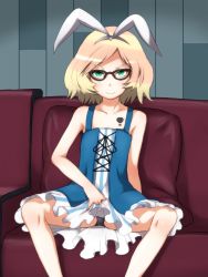 Rule 34 | 10s, 1boy, 4shi, animal ears, bare arms, bare shoulders, black-framed eyewear, black panties, blonde hair, blush, bulge, clothes lift, collarbone, couch, crossdressing, dress, dress lift, fake animal ears, frilled dress, frills, gatchaman crowds, glasses, green eyes, hairband, highres, holding, laces, light smile, looking at viewer, male focus, ninomiya rui, panties, panty peek, pillow, rabbit ears, short hair, sitting, skirt hold, sleeveless, smile, solo, spread legs, striped clothes, striped dress, tattoo, trap, underwear, wig