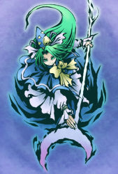 Rule 34 | 1girl, dragnade1992, female focus, fuyuzato seia, green eyes, green hair, hat, long hair, lowres, matching hair/eyes, mima (touhou), mystic square, solo, staff, touhou, touhou (pc-98), very long hair, wizard hat